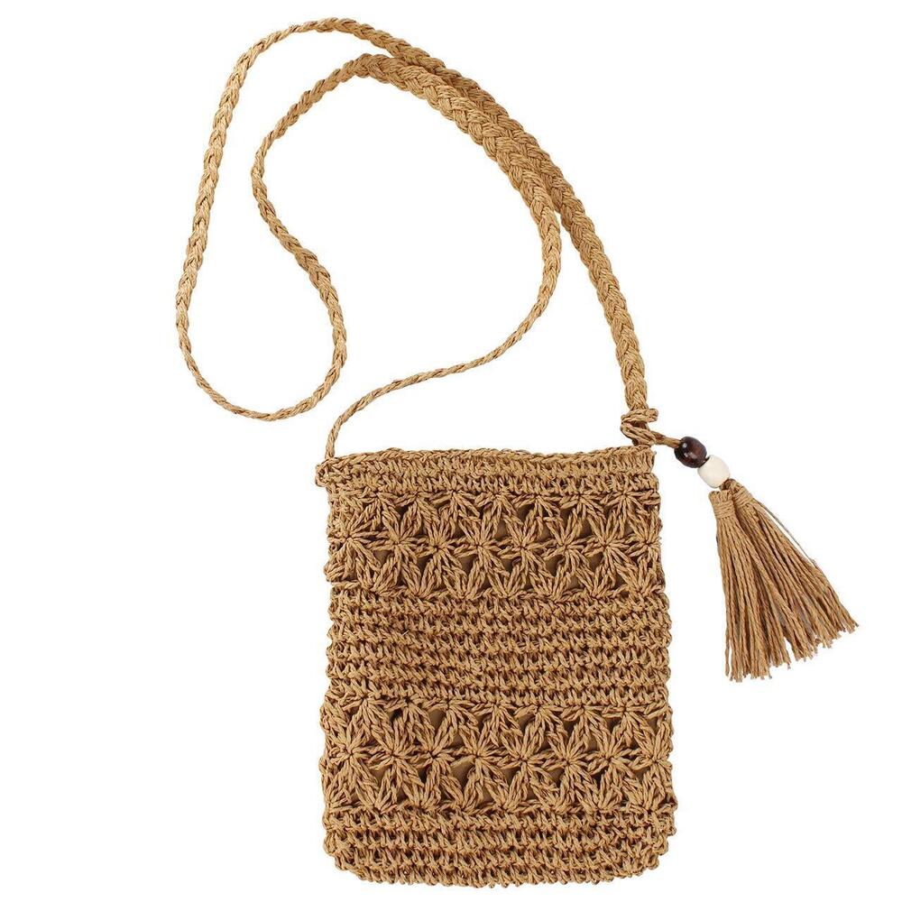 Woven Straw Crossbody Bag for Women Beach Shoulder Purse Brown